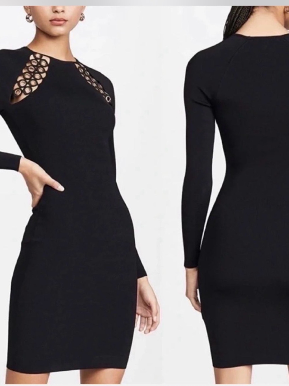 Good American Black Long-Sleeve Bodycon Dress with Eyelet Cutouts